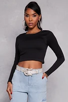 Womens Seamless Ribbed Knit Crew Neck Crop Top, Black,