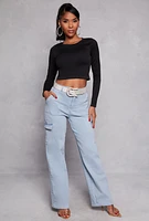 Womens Seamless Ribbed Knit Crew Neck Crop Top, Black,