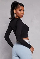 Womens Seamless Ribbed Knit Crew Neck Crop Top, Black,