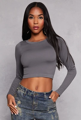 Womens Seamless Ribbed Knit Crew Neck Crop Top, Grey,