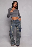 Womens Seamless Ribbed Knit Crew Neck Crop Top, Grey, Size S-M