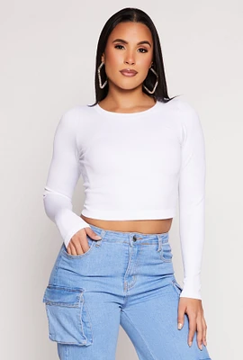 Womens Seamless Ribbed Knit Crew Neck Crop Top, White, Size S-M