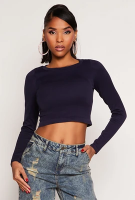 Womens Seamless Ribbed Knit Crew Neck Crop Top,