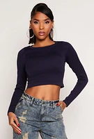 Womens Seamless Ribbed Knit Crew Neck Crop Top, M-L