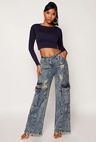Womens Seamless Ribbed Knit Crew Neck Crop Top, M-L
