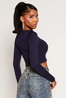 Womens Seamless Ribbed Knit Crew Neck Crop Top, Blue, Size M-L
