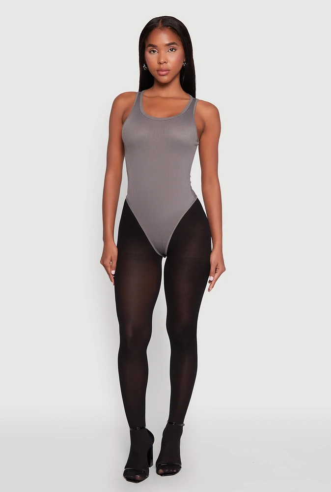 Womens Daisy Basic Ribbed Knit Tank Bodysuit, Grey, Size M