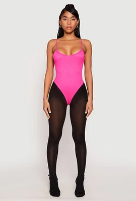 Womens Daisy Rib Knit Cami Thong Bodysuit, Pink,