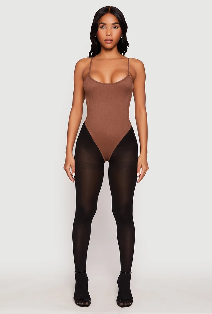 Womens Daisy Rib Knit Cami Thong Bodysuit, Brown,
