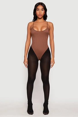Womens Daisy Rib Knit Cami Thong Bodysuit, Brown,