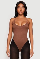 Womens Daisy Rib Knit Cami Thong Bodysuit, Brown, Size S