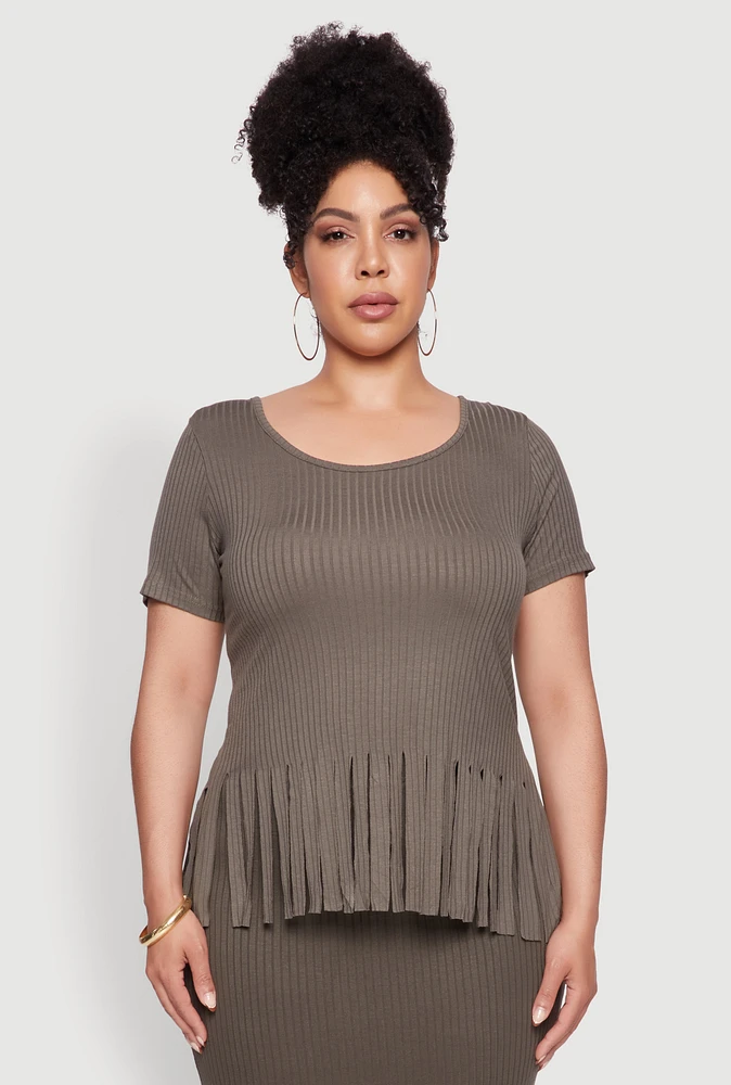 Womens Plus Stylish Ribbed Knit Fringe Hem Tee, Green,