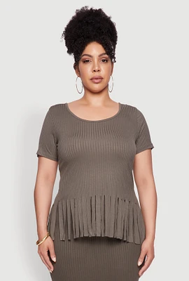 Womens Plus Stylish Ribbed Knit Fringe Hem Tee, Green,