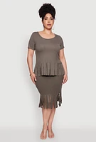 Womens Plus Stylish Ribbed Knit Fringe Hem Tee, Green,