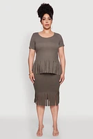 Womens Plus Stylish Ribbed Knit Fringe Hem Tee, Green,