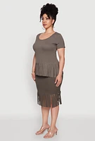 Womens Plus Stylish Ribbed Knit Fringe Hem Tee, Green,