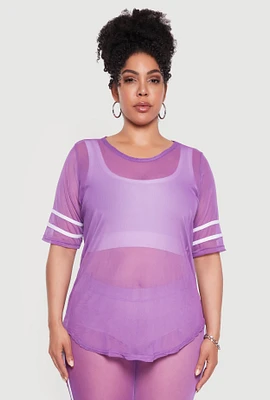 Womens Plus Varsity Stripe Short Sleeve Mesh Top,