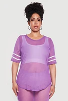 Womens Plus Varsity Stripe Short Sleeve Mesh Top,