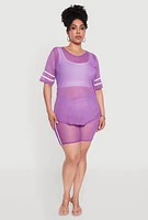 Womens Plus Varsity Stripe Short Sleeve Mesh Top,