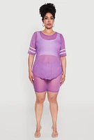 Womens Plus Varsity Stripe Short Sleeve Mesh Top,