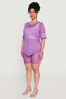 Womens Plus Varsity Stripe Short Sleeve Mesh Top,
