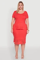Womens Plus Size High Waisted Ribbed Knit Fringe Midi Skirt, Orange, Size 4X