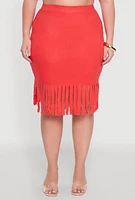 Womens Plus Size High Waisted Ribbed Knit Fringe Midi Skirt, Orange, Size 4X