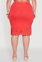 Womens Plus Size High Waisted Ribbed Knit Fringe Midi Skirt, Orange, Size 4X