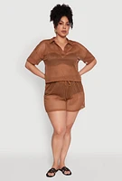 Womens Plus Laser Cut Collared Short Sleeve Top,