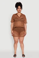 Womens Plus Laser Cut Collared Short Sleeve Top,