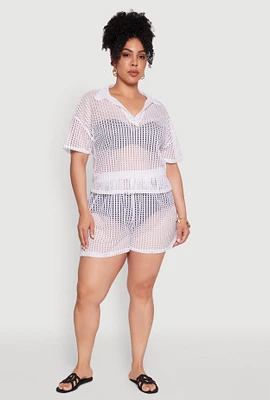 Womens Plus Size Laser Cut Shorts with Drawstring Waist, White, Size 2X