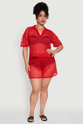 Womens Plus Size Laser Cut Shorts with Drawstring Waist, Red, Size 1X