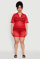 Womens Plus Size Laser Cut Shorts with Drawstring Waist, Red, Size 1X