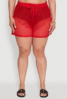 Womens Plus Size Laser Cut Shorts with Drawstring Waist, Red, Size 1X