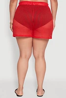 Womens Plus Size Laser Cut Shorts with Drawstring Waist, Red, Size 1X