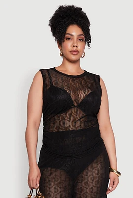 Womens Plus Trendy Wavy Stripe Mesh Sleeveless Top,