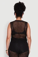 Womens Plus Trendy Wavy Stripe Mesh Sleeveless Top,