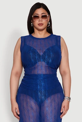 Womens Plus Trendy Wavy Stripe Mesh Sleeveless Top,