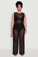 Womens Plus Stylish High Waisted Wavy Stripe Mesh Palazzo Pants,