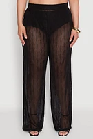 Womens Plus Stylish High Waisted Wavy Stripe Mesh Palazzo Pants,