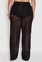 Womens Plus Stylish High Waisted Wavy Stripe Mesh Palazzo Pants,