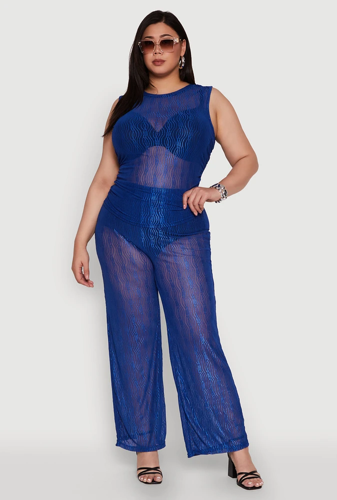 Womens Plus Stylish High Waisted Wavy Stripe Mesh Palazzo Pants,