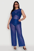 Womens Plus Stylish High Waisted Wavy Stripe Mesh Palazzo Pants,