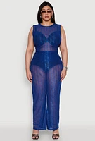 Womens Plus Stylish High Waisted Wavy Stripe Mesh Palazzo Pants,
