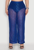 Womens Plus Stylish High Waisted Wavy Stripe Mesh Palazzo Pants,