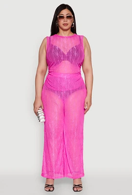 Womens Plus Stylish High Waisted Wavy Stripe Mesh Palazzo Pants,