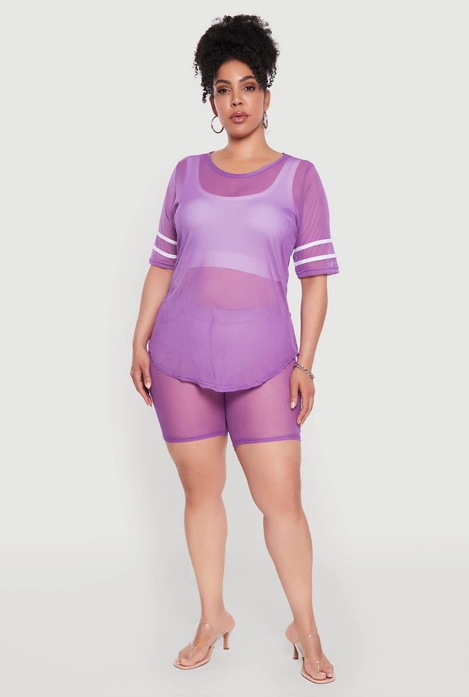 Womens Plus Size Mesh High Waisted Bike Shorts with Varsity Stripe Details, Purple, Size 4X