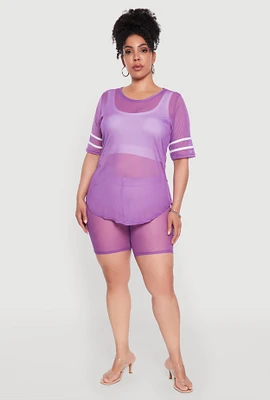 Womens Plus Size Mesh High Waisted Bike Shorts with Varsity Stripe Details, Purple, Size 4X