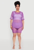 Womens Plus Size Mesh High Waisted Bike Shorts with Varsity Stripe Details, Purple, Size 4X