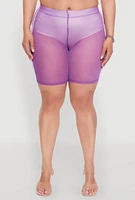 Womens Plus Size Mesh High Waisted Bike Shorts with Varsity Stripe Details, Purple, Size 4X